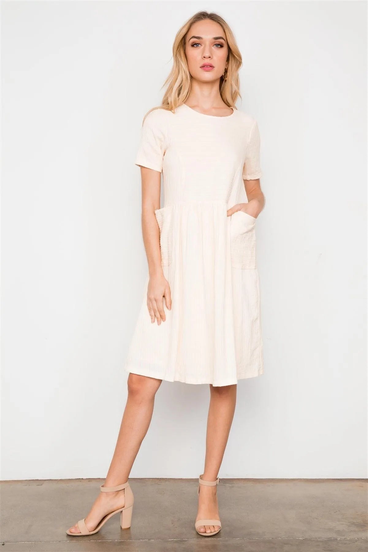 Cream Short Sleeve Round Neck Midi Dress / 2-2-2 - Tasha Apparel Wholesale