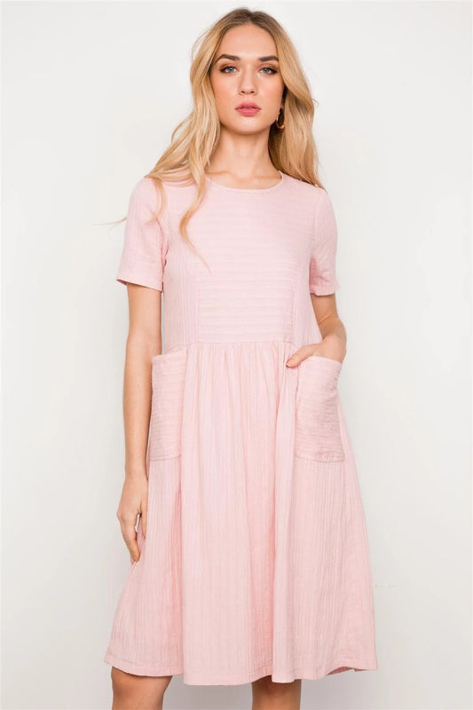 Mauve Short Sleeve Round Neck Midi Dress / 2-2-2 - Tasha Apparel Wholesale
