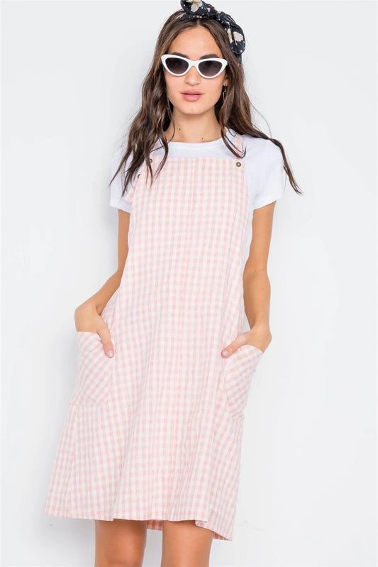 Mauve Checkered Overall Shift Dress - Tasha Apparel Wholesale
