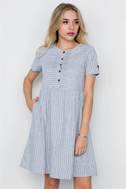 Denim Blue Short Sleeve Round Neck Boho Dress / 2-2-2 - Tasha Apparel Wholesale