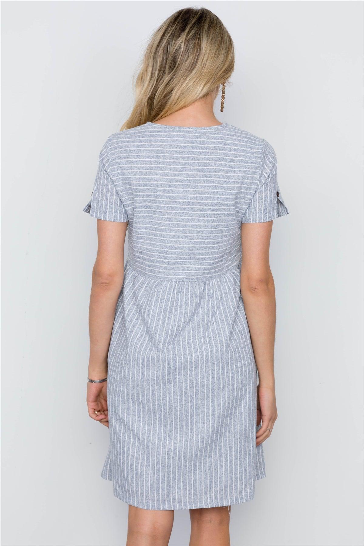 Denim Blue Short Sleeve Round Neck Boho Dress / 2-2-2