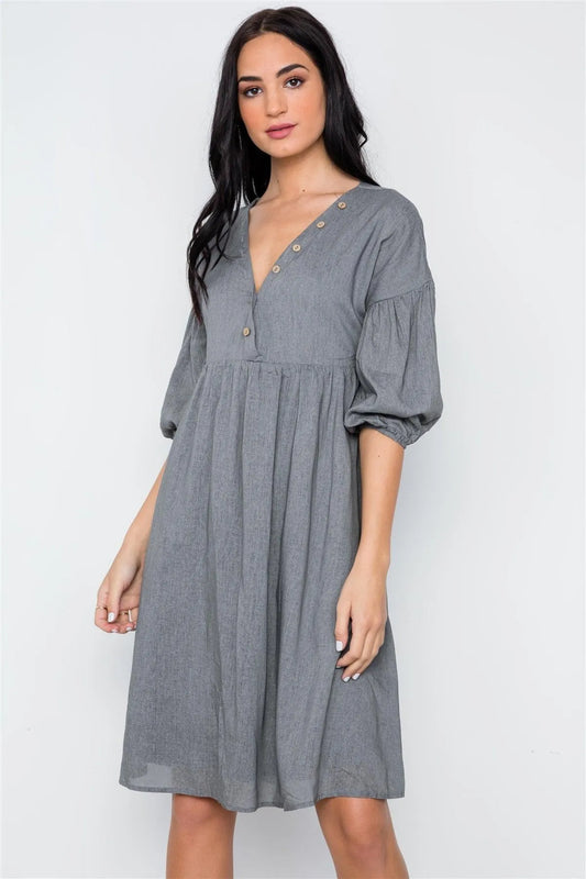 Grey Button Detail V-Neck Solid Boho Dress / 2-2-2 - Tasha Apparel Wholesale