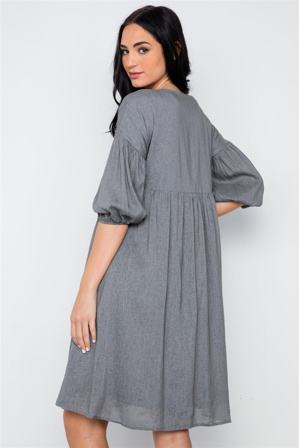 Grey Button Detail V-Neck Solid Boho Dress / 2-2-2