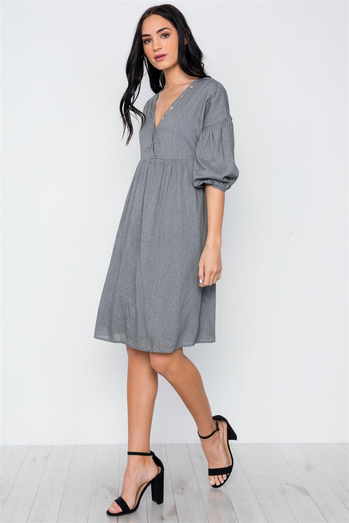 Grey Button Detail V-Neck Solid Boho Dress / 2-2-2