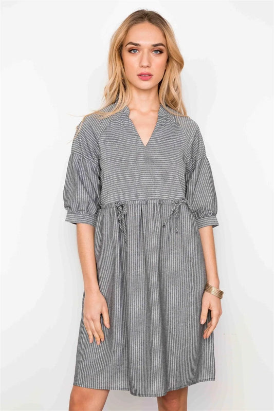 Black Striped Short Sleeve V-Neck Boho Dress / 2-2-2 - Tasha Apparel Wholesale