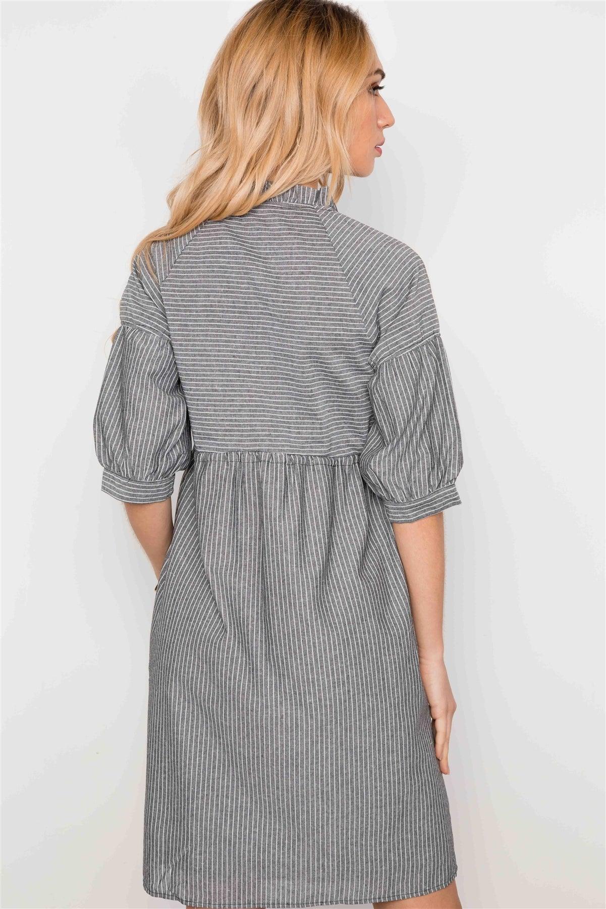 Black Striped Short Sleeve V-Neck Boho Dress / 2-2-2