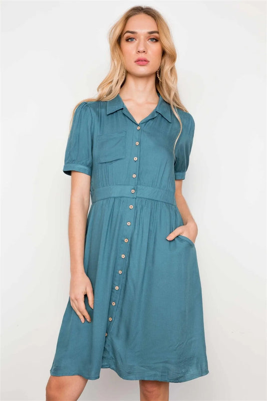 Blue Short Sleeve Button Down Boho Midi Dress /2-2-2 - Tasha Apparel Wholesale