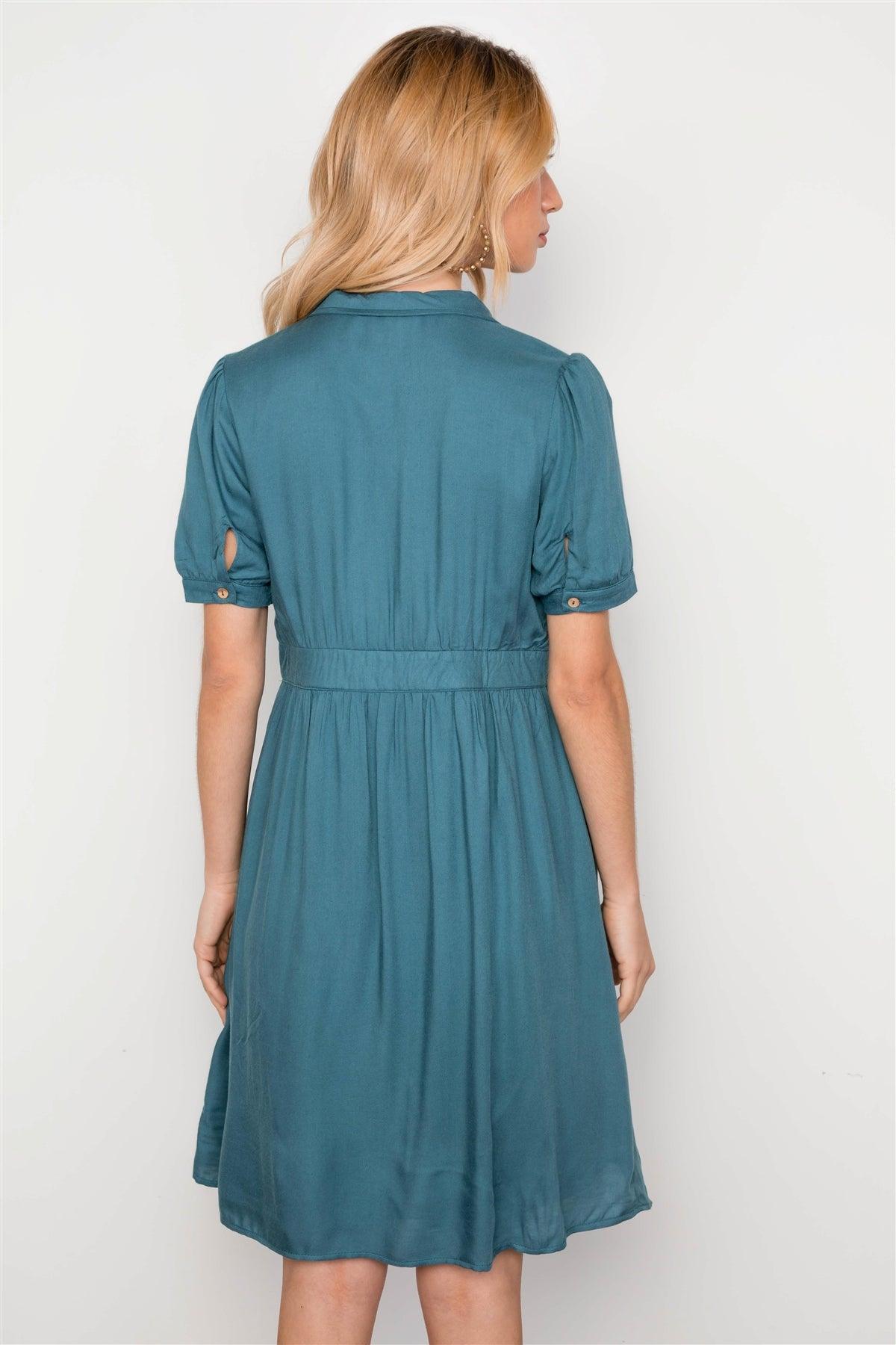 Blue Short Sleeve Button Down Boho Midi Dress /2-2-2