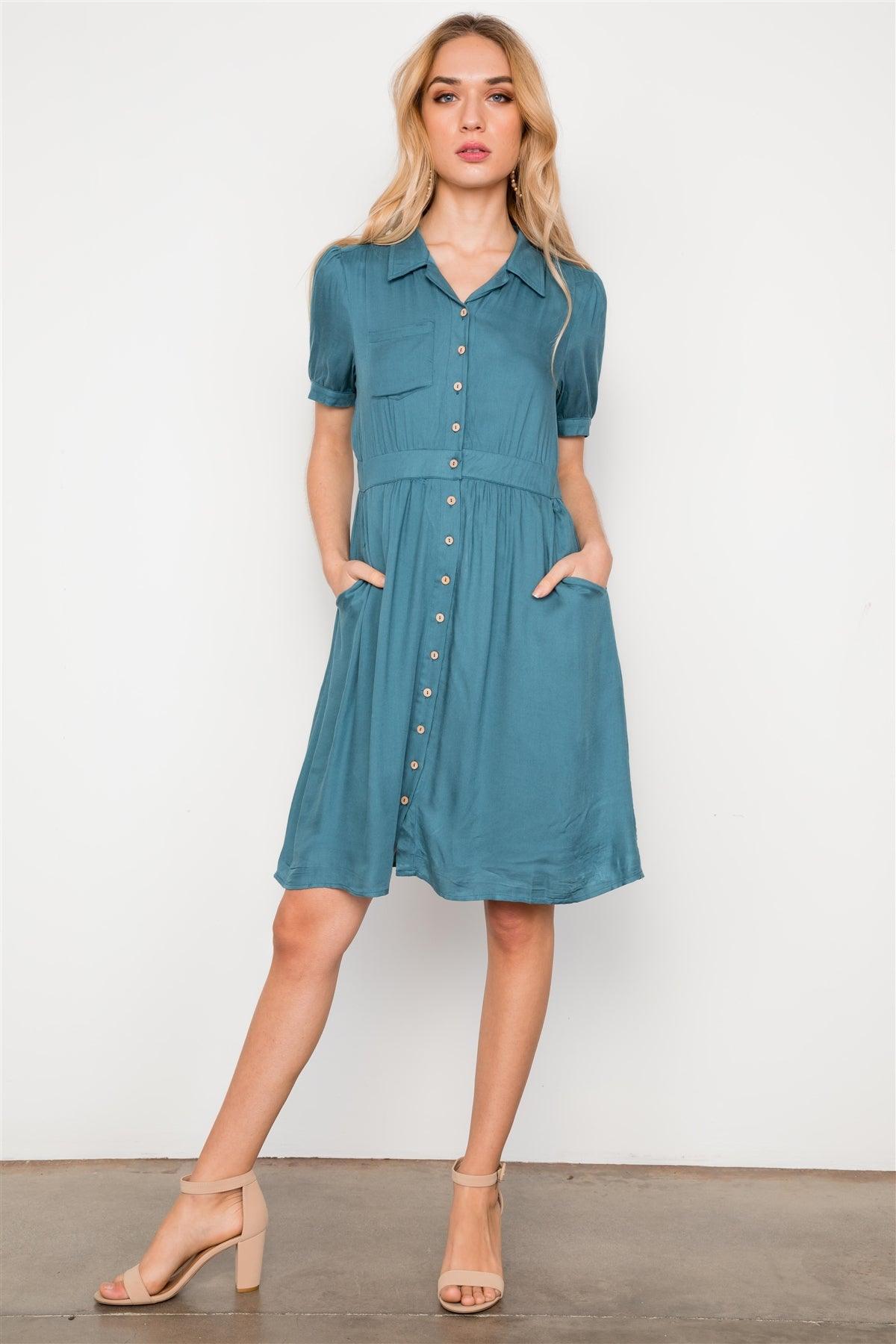 Blue Short Sleeve Button Down Boho Midi Dress /2-2-2