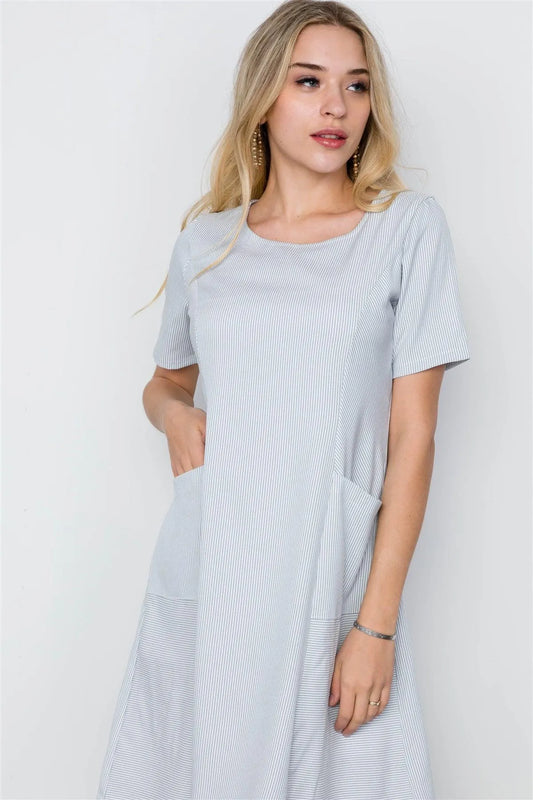 Grey Stripe Short Sleeve Loose Fit Boho Dress / 3-2-1 - Tasha Apparel Wholesale