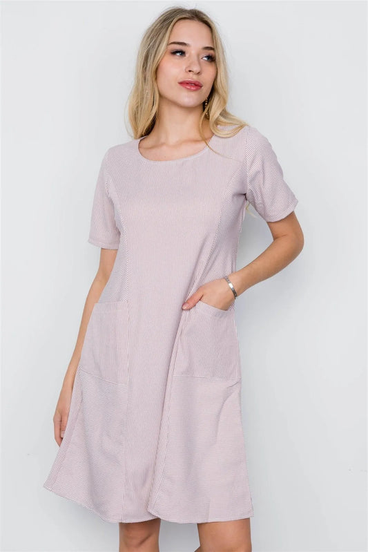 Red Stripe Short Sleeve Loose Fit Boho Dress / 3-2-1 - Tasha Apparel Wholesale