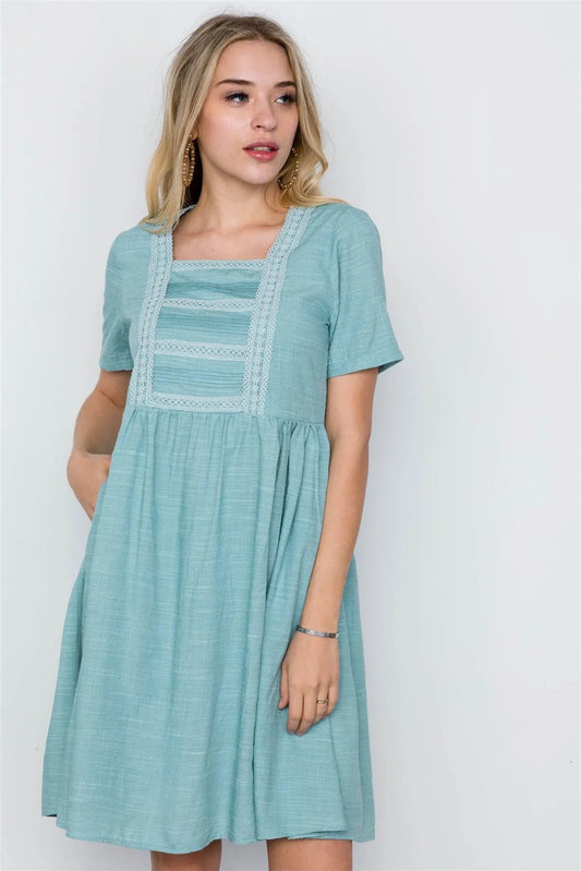 Blue Turquoise Boho Short Sleeve Dress / 2-2-2 - Tasha Apparel Wholesale