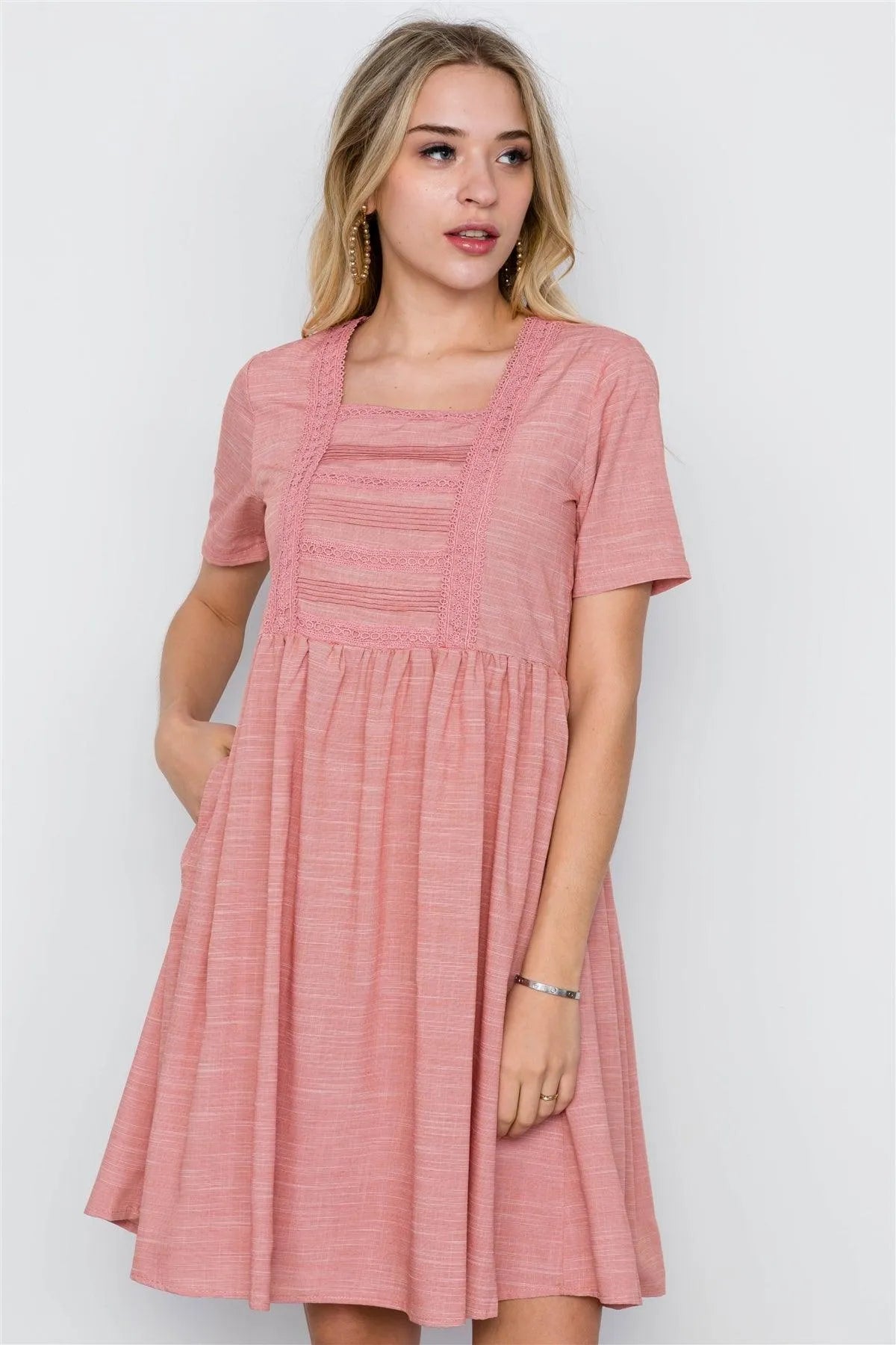 Pink Boho Short Sleeve Boho Dress / 2-2-2 - Tasha Apparel Wholesale