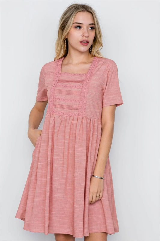 Pink Boho Short Sleeve Boho Dress / 2-2-2 - Tasha Apparel Wholesale
