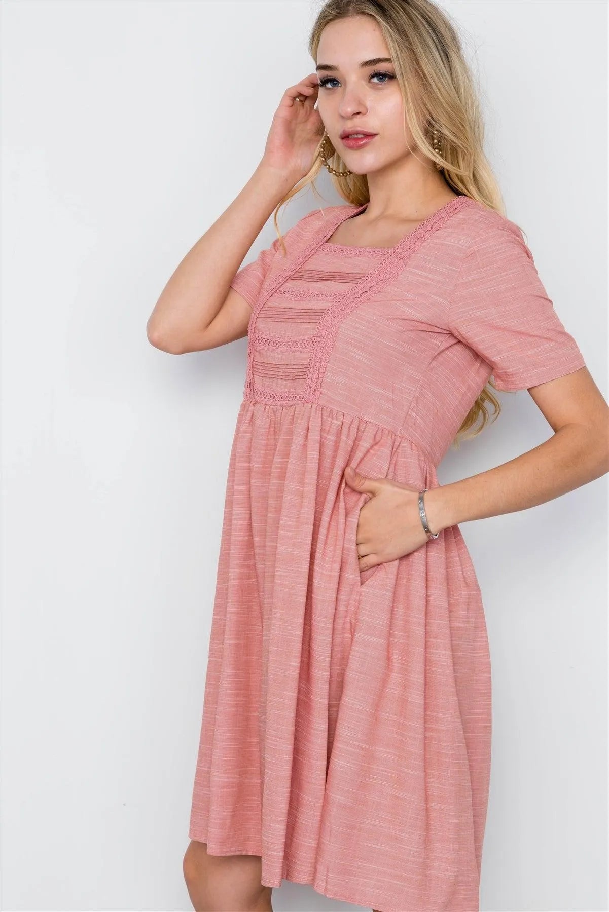 Pink Boho Short Sleeve Boho Dress / 2-2-2 - Tasha Apparel Wholesale