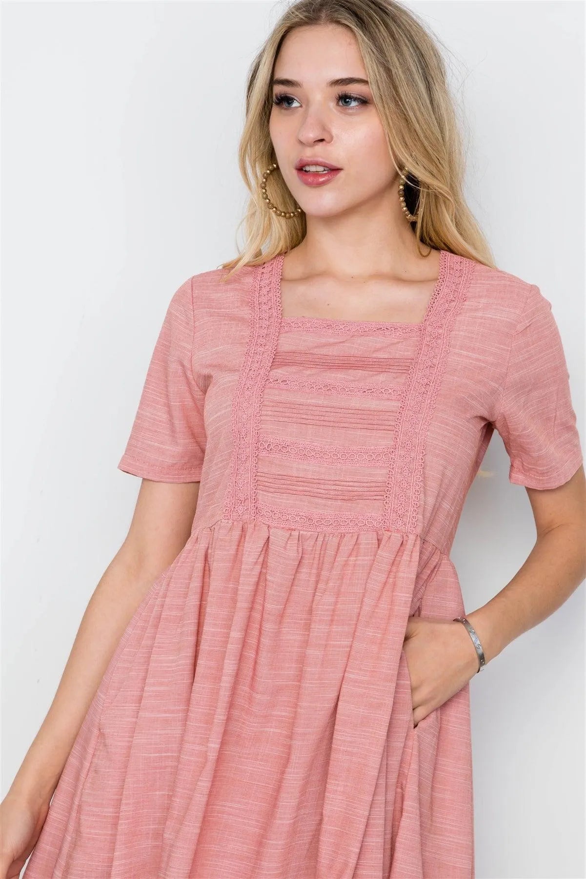 Pink Boho Short Sleeve Boho Dress / 2-2-2 - Tasha Apparel Wholesale