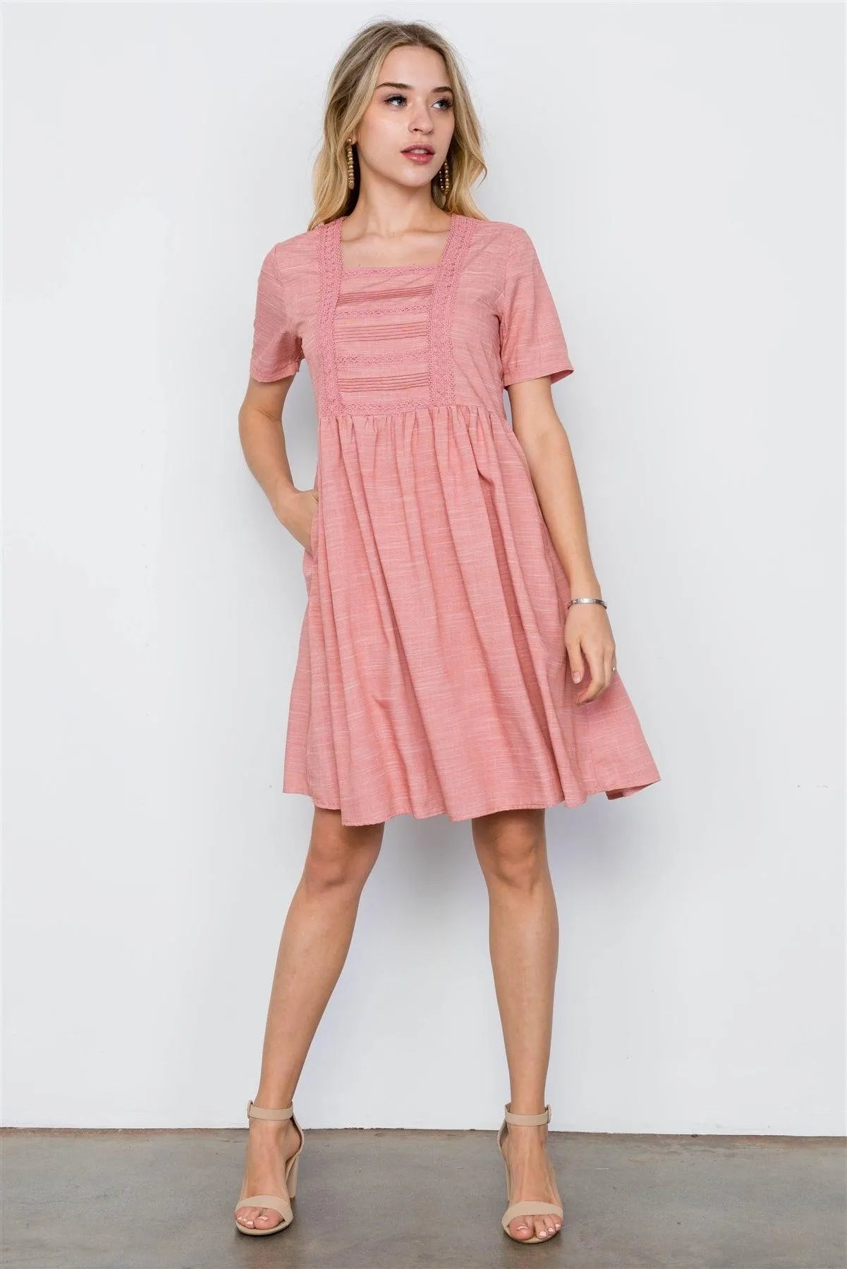 Pink Boho Short Sleeve Boho Dress / 2-2-2 - Tasha Apparel Wholesale