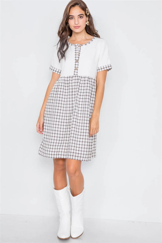 Ivory & Brown Plaid Trim Linen Midi Dress /2-2-2 - Tasha Apparel Wholesale