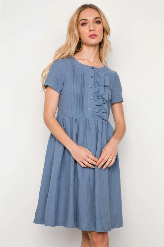 Blue Ruffle Detail Short Sleeve Midi Dress / 3-2-1 - Tasha Apparel Wholesale
