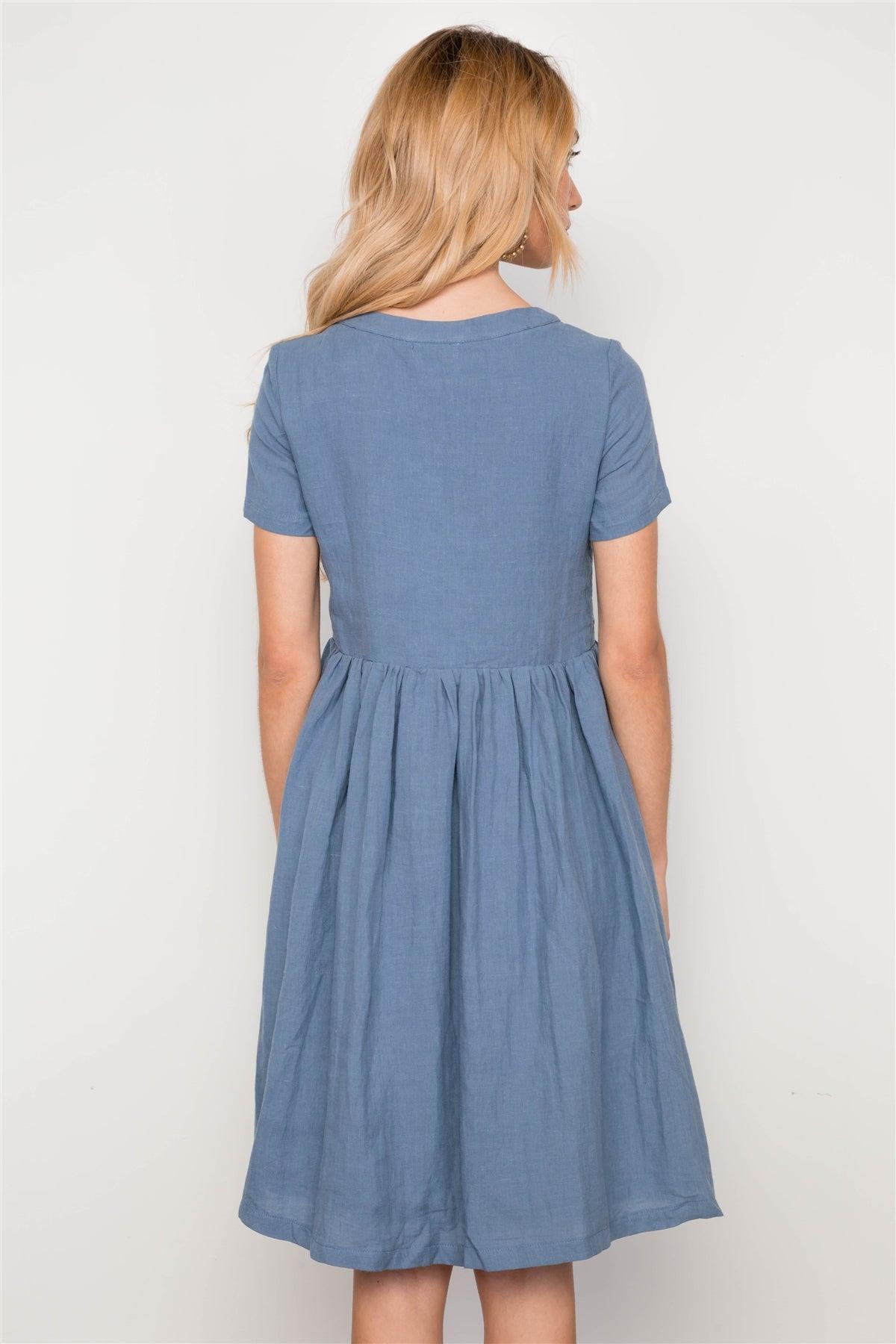 Blue Ruffle Detail Short Sleeve Midi Dress / 3-2-1