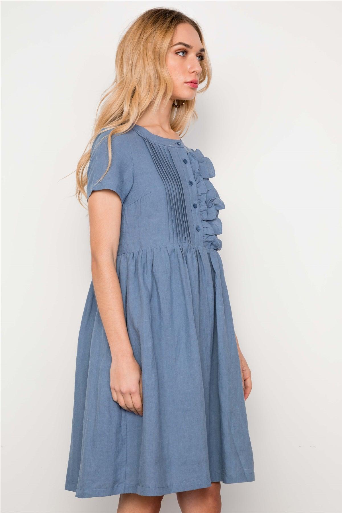 Blue Ruffle Detail Short Sleeve Midi Dress / 3-2-1