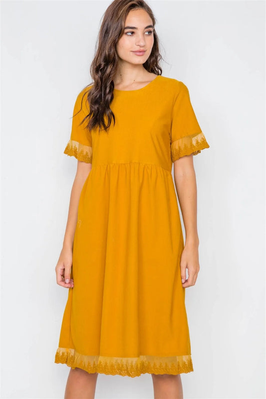 Mustard Relaxed Fit Sheer Lace Trim Midi Dress /2-2-1 - Tasha Apparel Wholesale