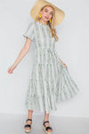 Sage Floral Shirred Short Sleeve Midi Dress - Tasha Apparel Wholesale