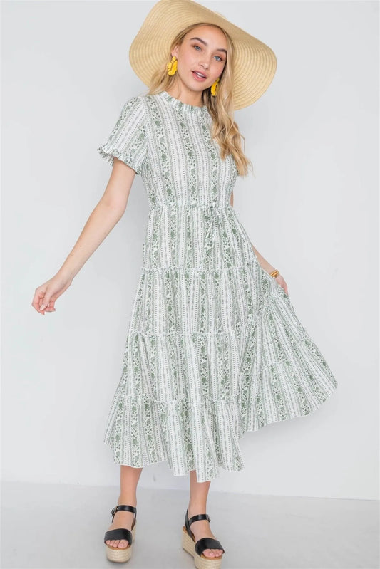 Sage Floral Shirred Short Sleeve Midi Dress - Tasha Apparel Wholesale