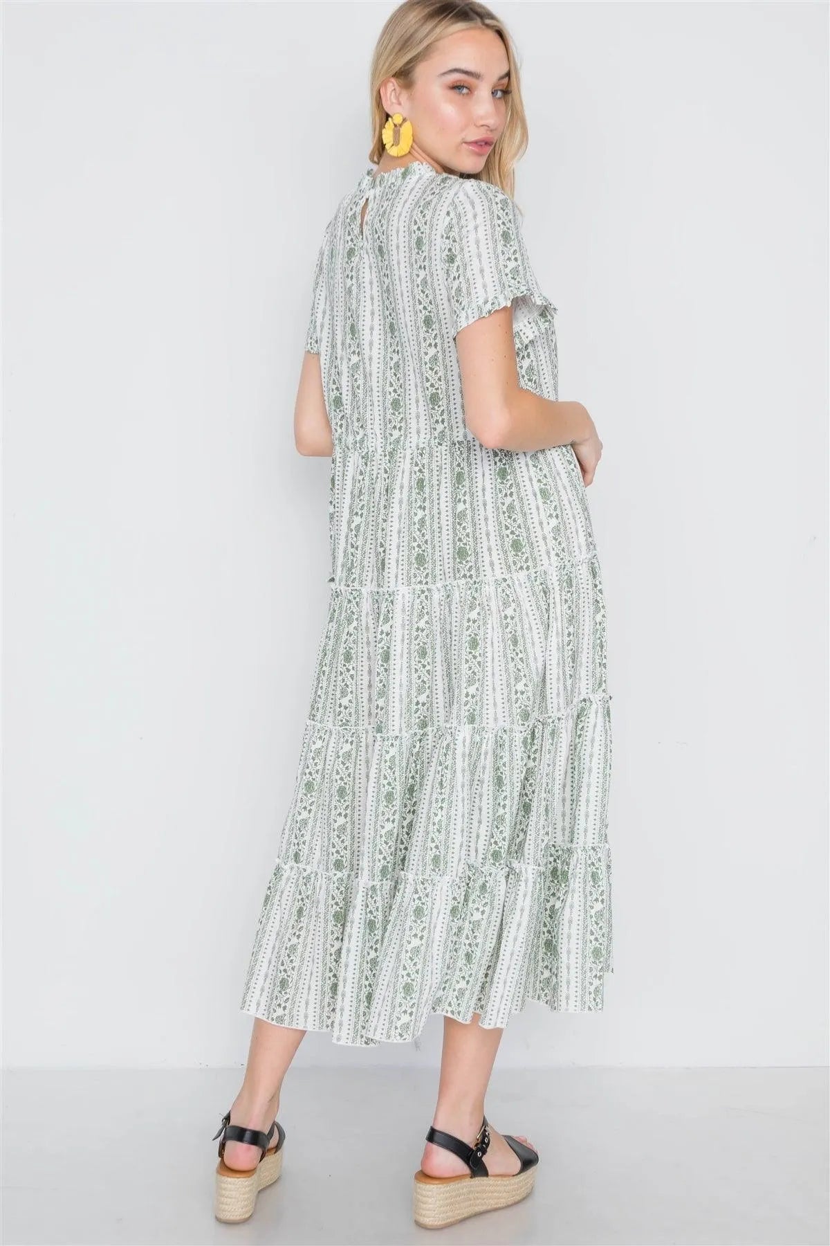 Sage Floral Shirred Short Sleeve Midi Dress - Tasha Apparel Wholesale