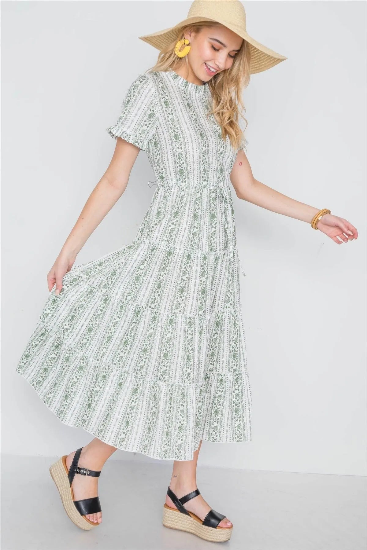 Sage Floral Shirred Short Sleeve Midi Dress - Tasha Apparel Wholesale