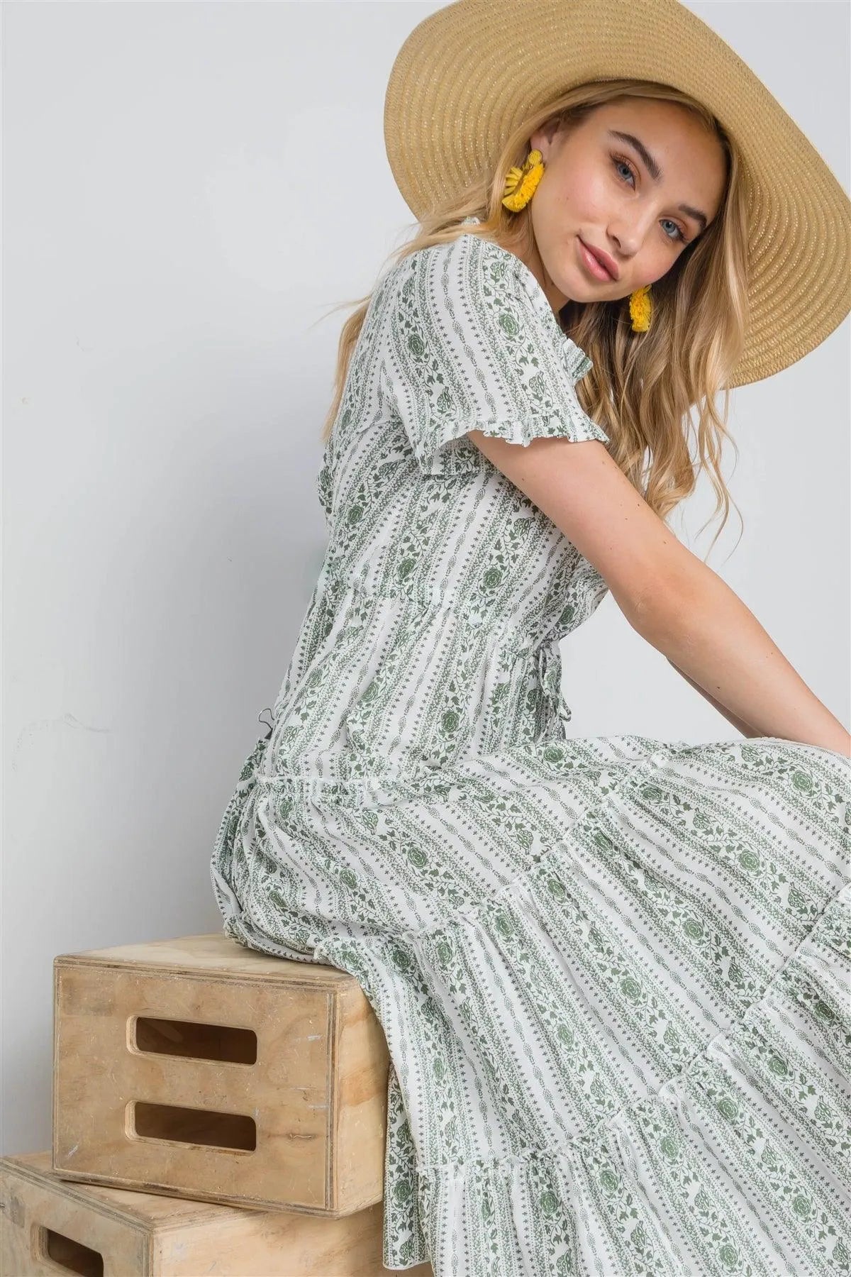Sage Floral Shirred Short Sleeve Midi Dress - Tasha Apparel Wholesale