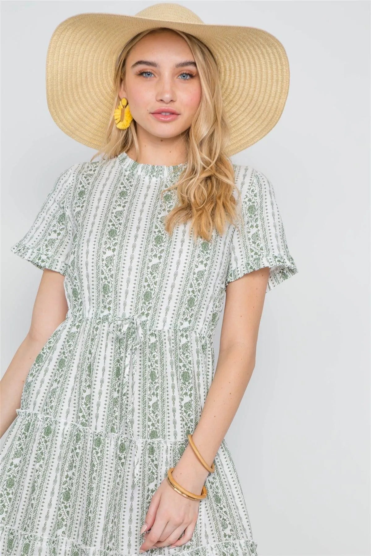 Sage Floral Shirred Short Sleeve Midi Dress - Tasha Apparel Wholesale