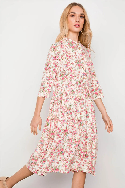 Cream Floral Print 3/4 Sleeve Boho Midi Dress /2-2-2 - Tasha Apparel Wholesale