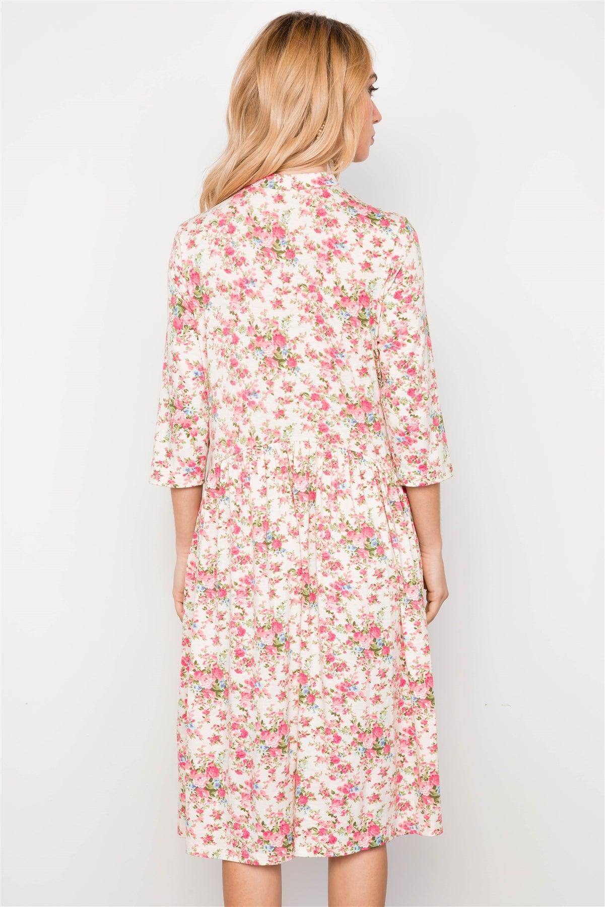 Cream Floral Print 3/4 Sleeve Boho Midi Dress /2-2-2