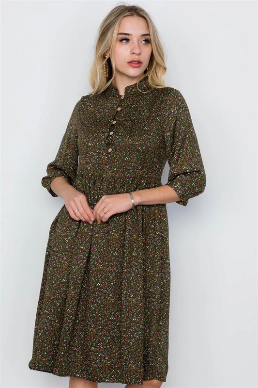 Green Olive Floral Print 3/4 Sleeve Boho Dress / 2-2-2 - Tasha Apparel Wholesale