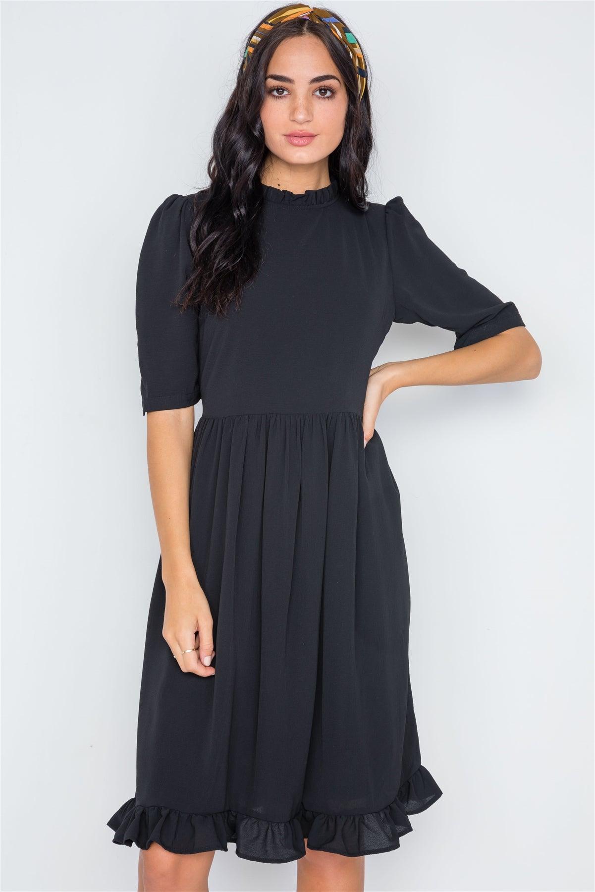 Black Ruffle Mock-Neck Shirred Solid Dress /2-2-2