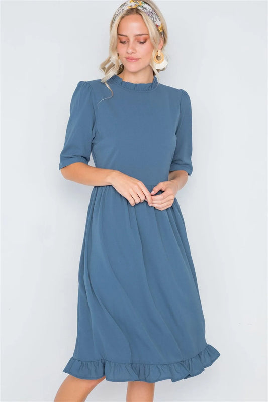 Blue Ruffle-Mock Neck Shirred Solid Dress /2-2-2 - Tasha Apparel Wholesale
