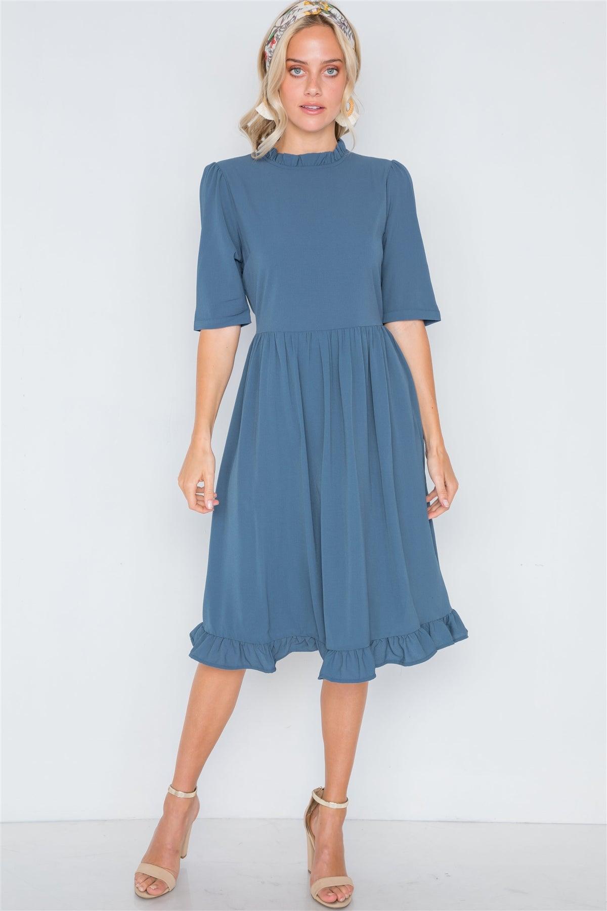 Blue Ruffle-Mock Neck Shirred Solid Dress /2-2-2