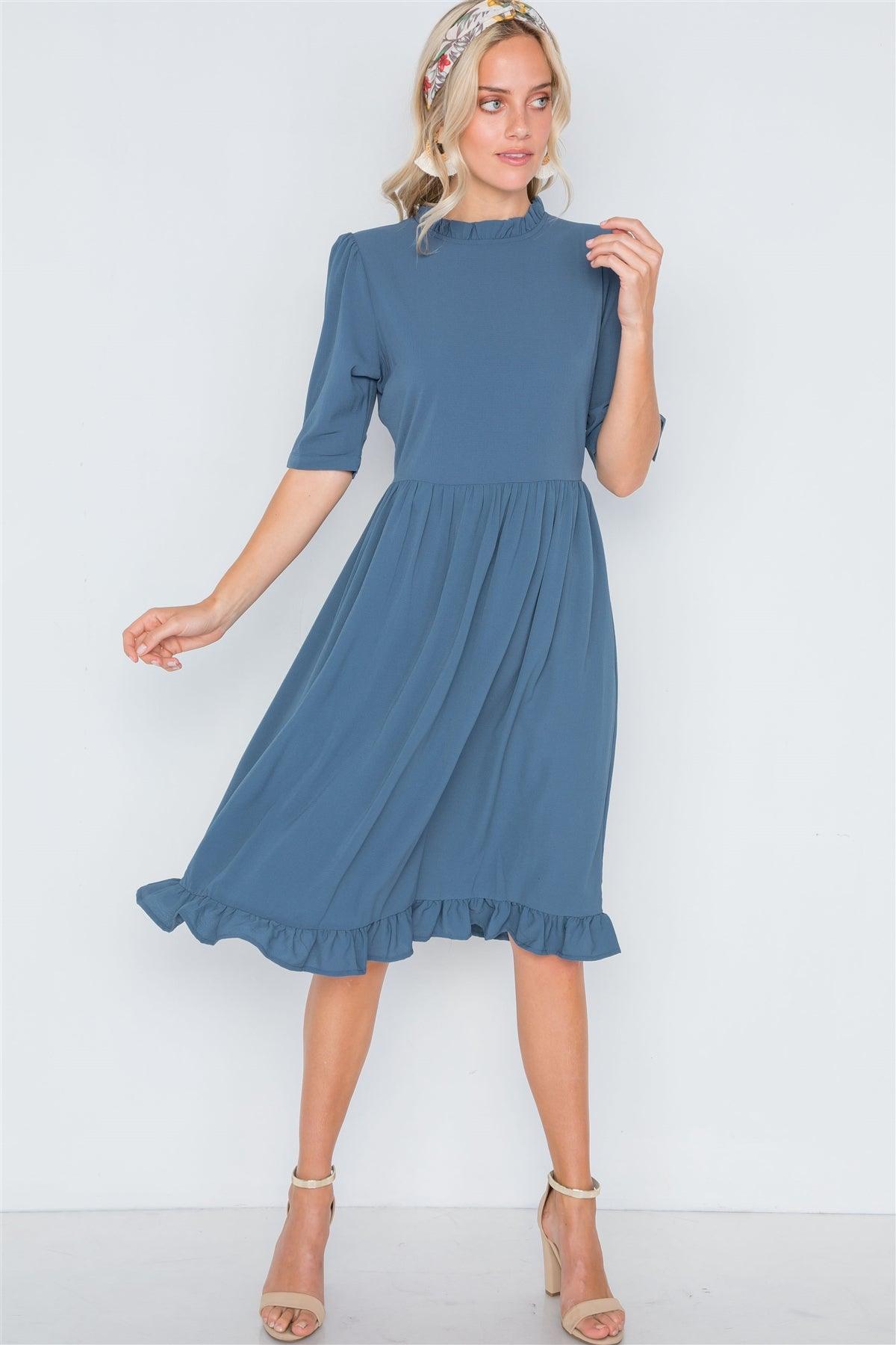 Blue Ruffle-Mock Neck Shirred Solid Dress /2-2-2