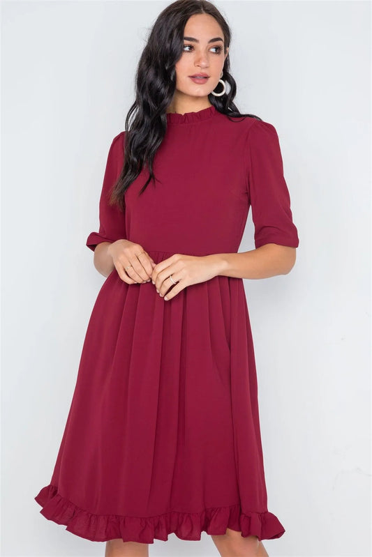 Burgundy Ruffle-Mock Neck Shirred Solid Dress /2-2-2 - Tasha Apparel Wholesale