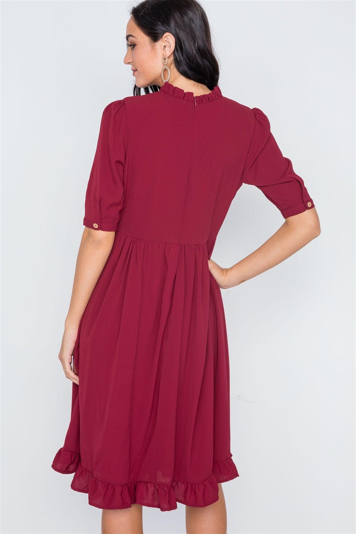 Burgundy Ruffle-Mock Neck Shirred Solid Dress /2-2-2