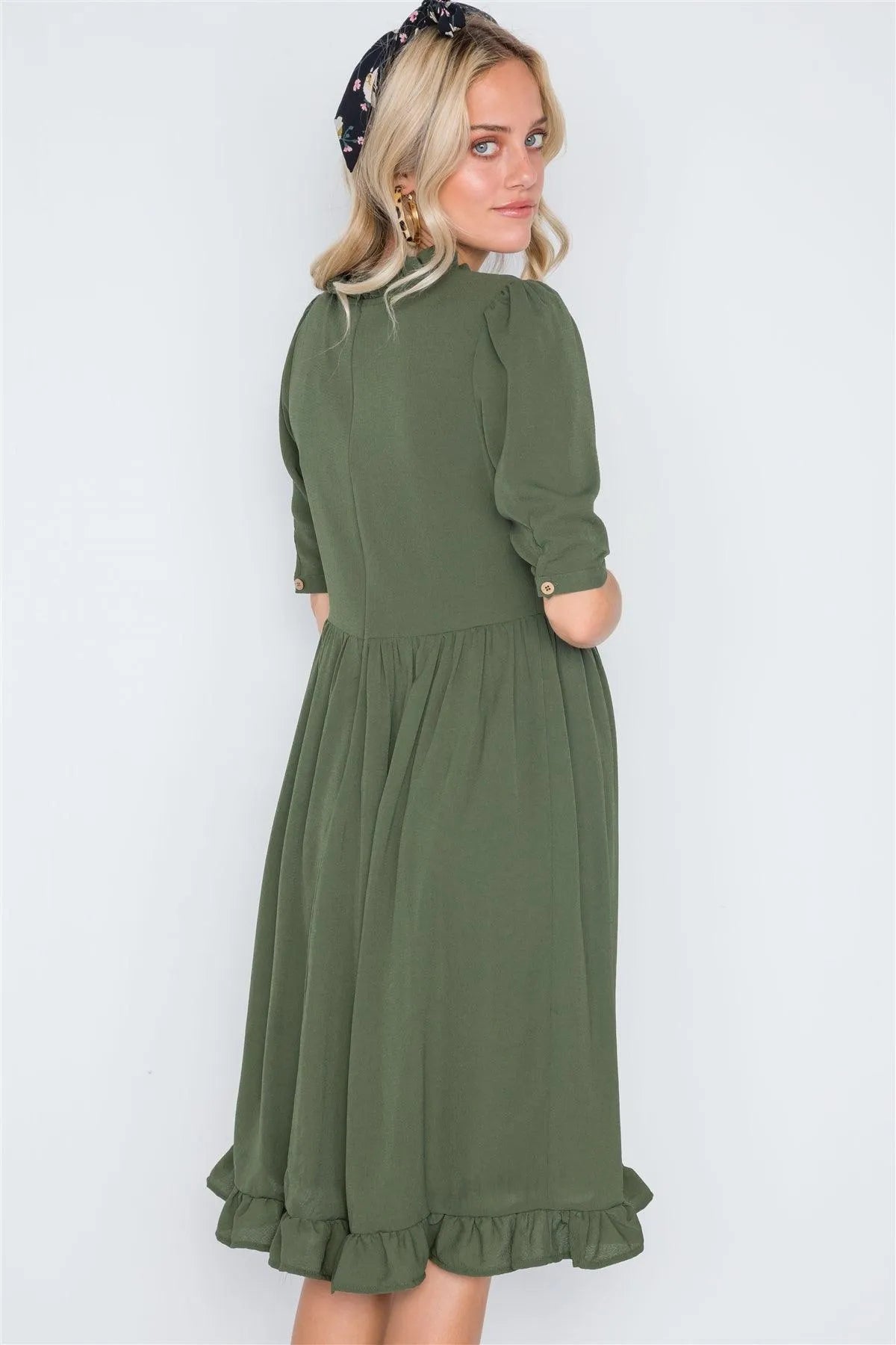 Olive Ruffle-Mock Neck Shirred Solid Dress /1-2-2 - Tasha Apparel Wholesale