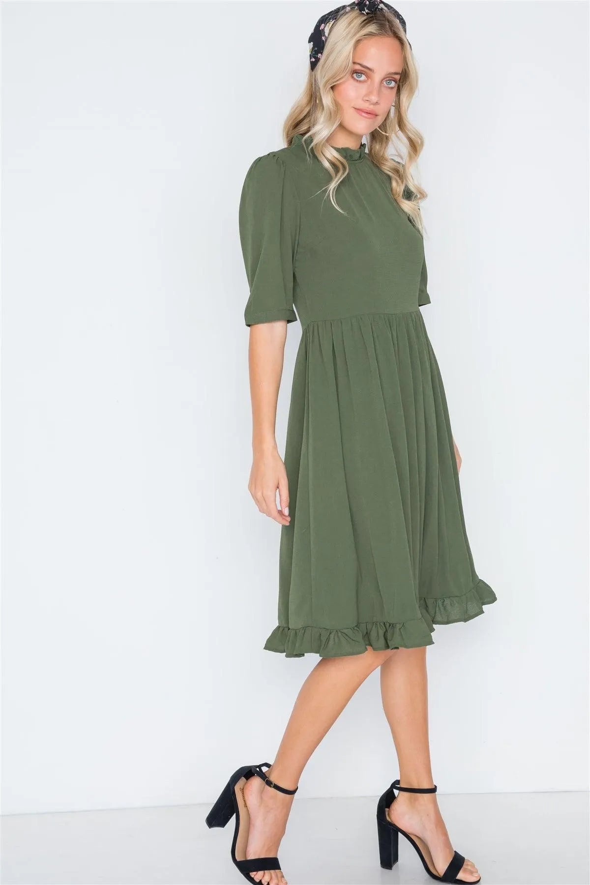 Olive Ruffle-Mock Neck Shirred Solid Dress /1-2-2 - Tasha Apparel Wholesale