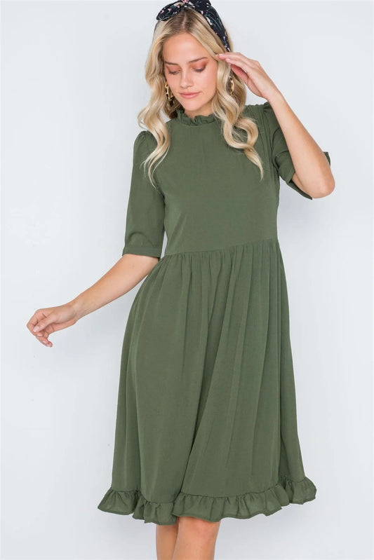 Olive Ruffle-Mock Neck Shirred Solid Dress /2-2-2 - Tasha Apparel Wholesale