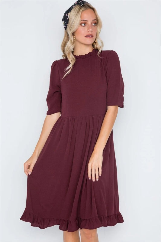 Dark Wine Ruffle-Mock Neck Shirred Solid Dress /2-2-2 - Tasha Apparel Wholesale