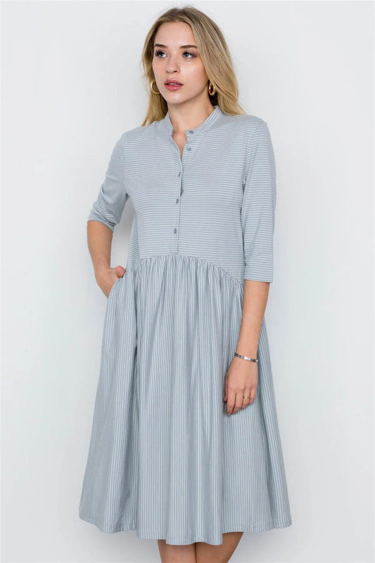 Blue Striped 3/4 Sleeves Midi Boho Dress /3-2-1 - Tasha Apparel Wholesale