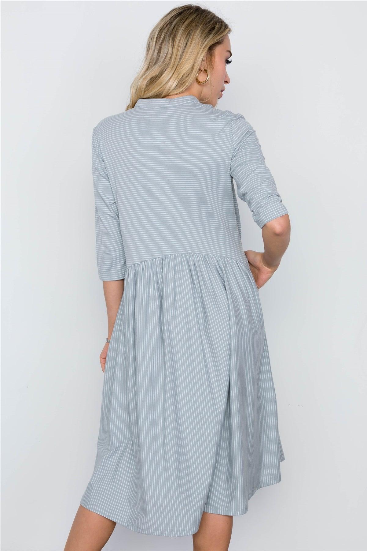 Blue Striped 3/4 Sleeves Midi Boho Dress /3-2-1