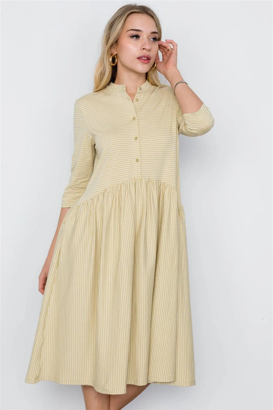 Tea Leaf Striped 3/4 Sleeves Midi Boho Dress / 3-1-1 - Tasha Apparel Wholesale