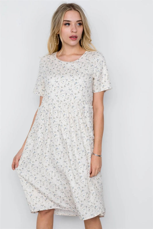 Ivory Short Sleeve Floral Print Boho Dress / 2-2-2 - Tasha Apparel Wholesale