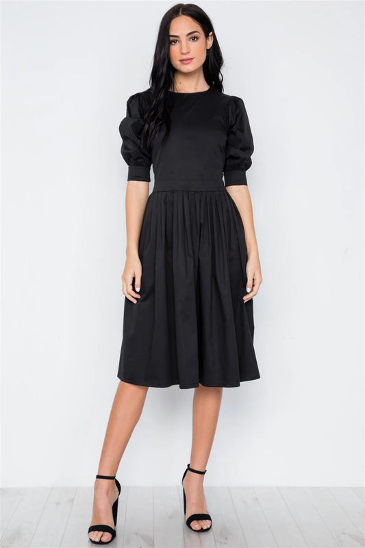 Black Solid Shirred Waist Boho Midi Dress / 1-2-1 - Tasha Apparel Wholesale